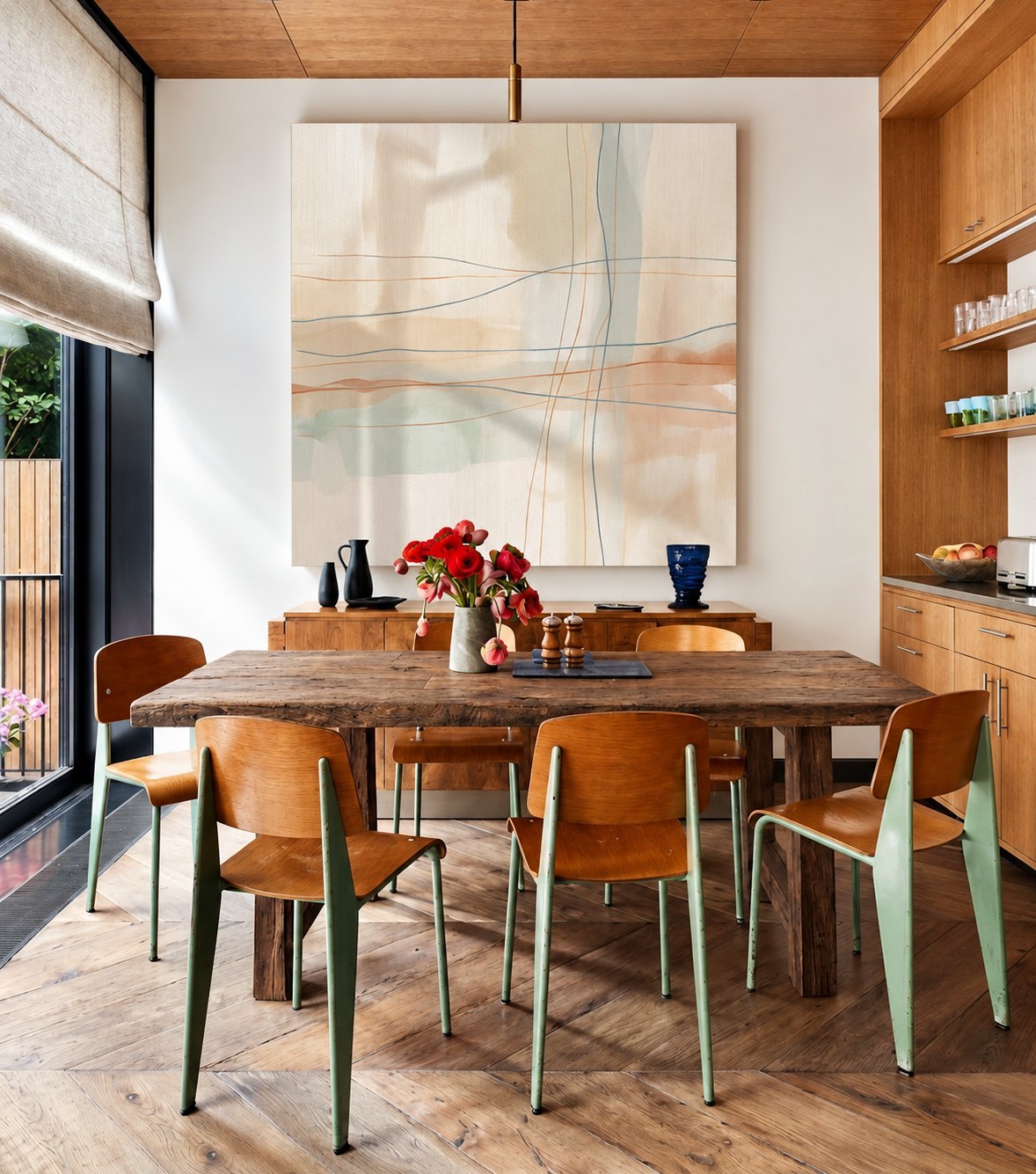Argolis Reclaimed Oak Dining Table – with mid-century chairs in a bright dining room
