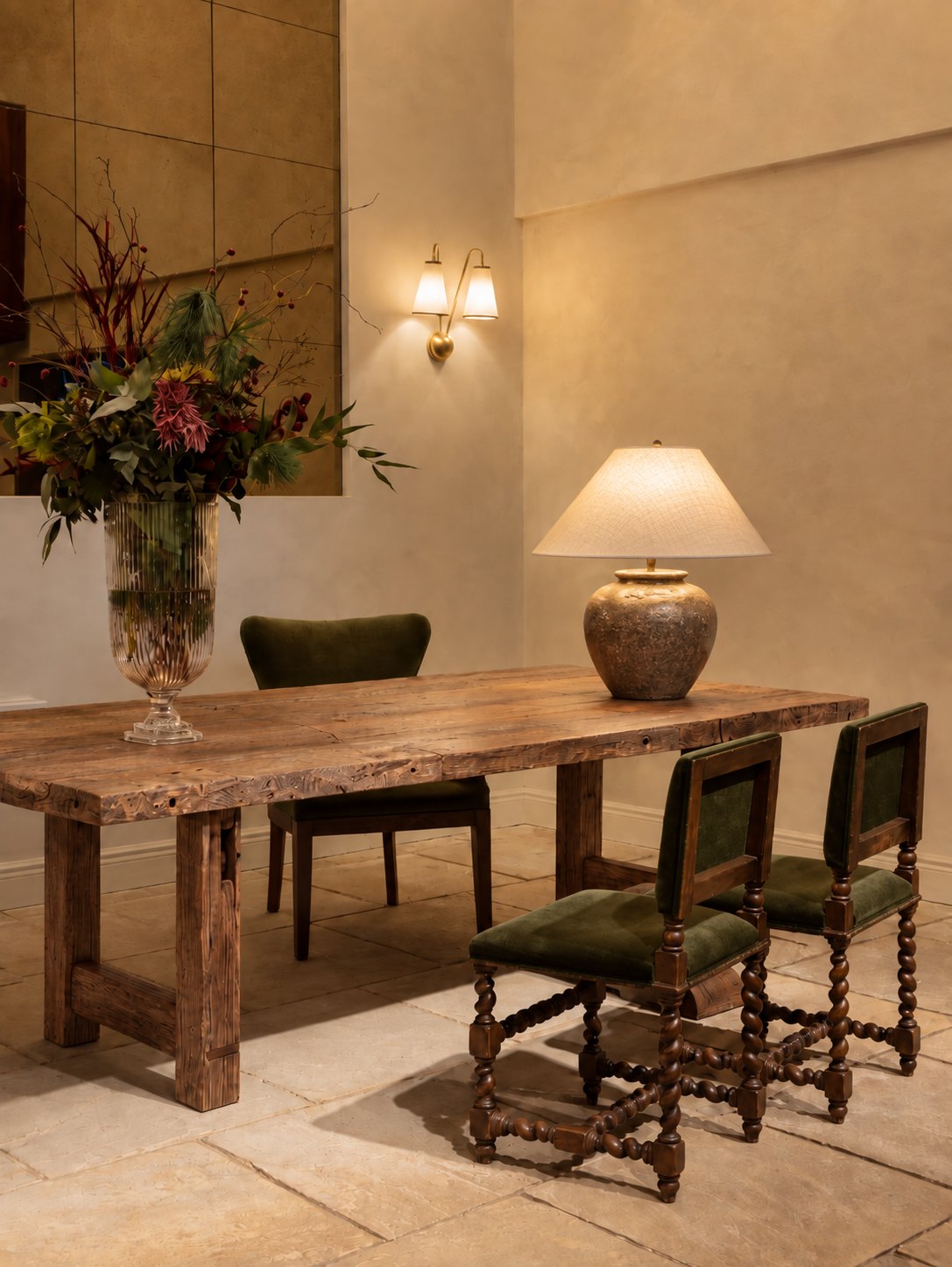 Argolis Reclaimed Oak Dining Table – in a traditional dining room with carved chairs