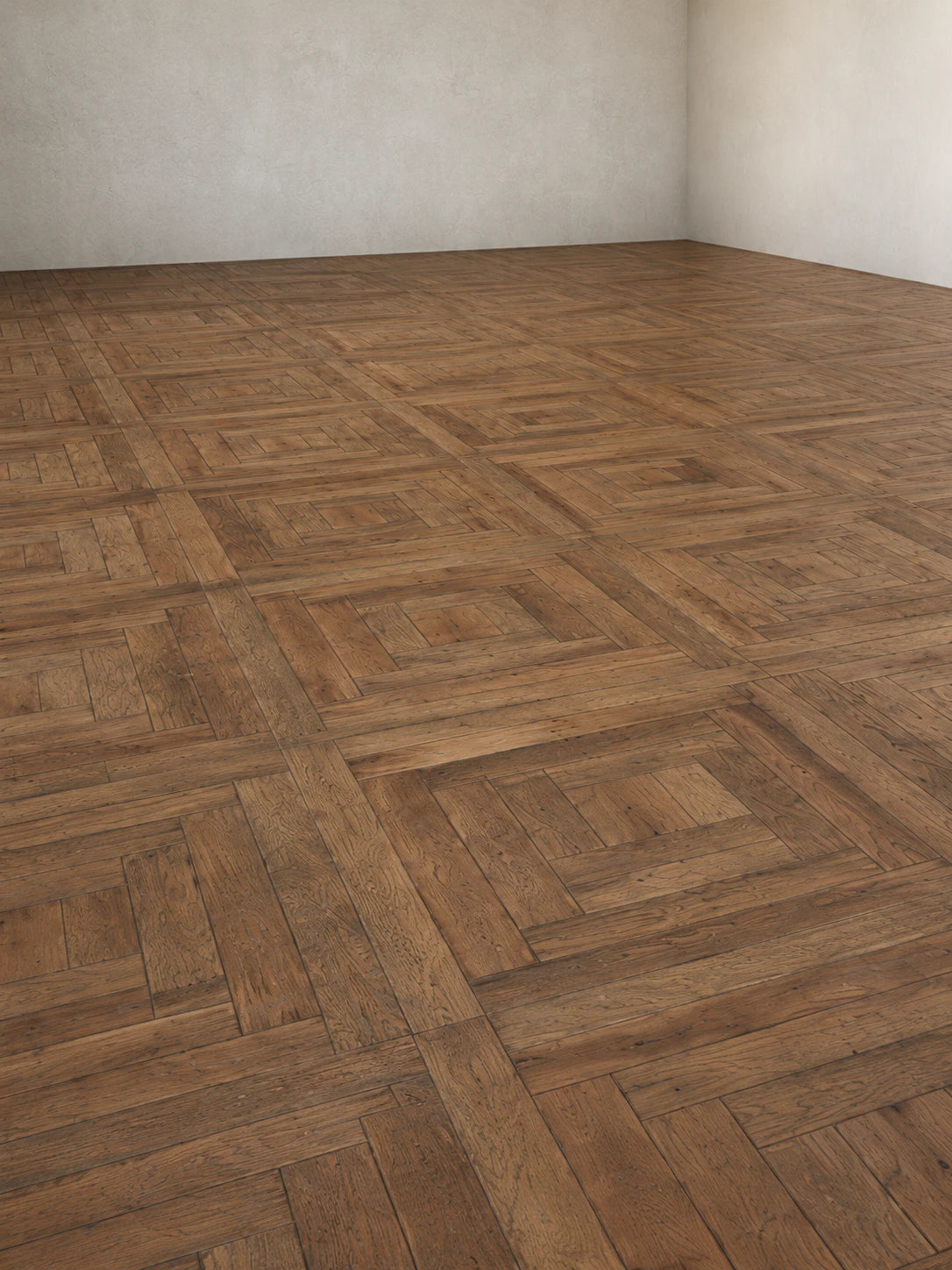Square Frame reclaimed oak marquetry parquet floor laid in a room