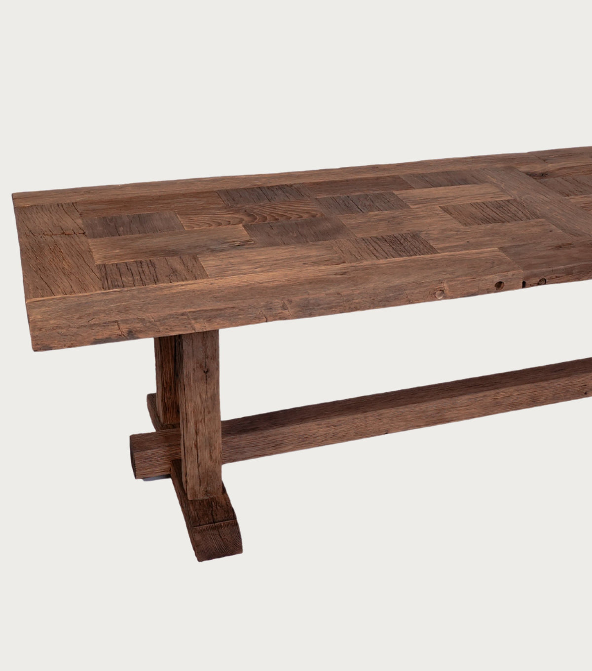Mensa Reclaimed Oak Dining Table – angled view of the top and base