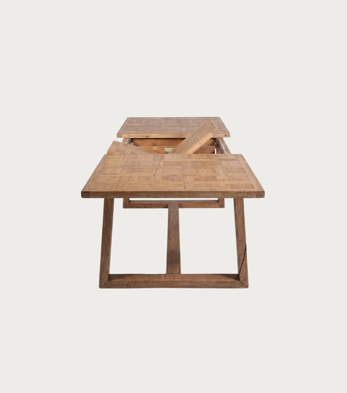 Mirador Reclaimed Oak Dining Table – end view with the leaf extended