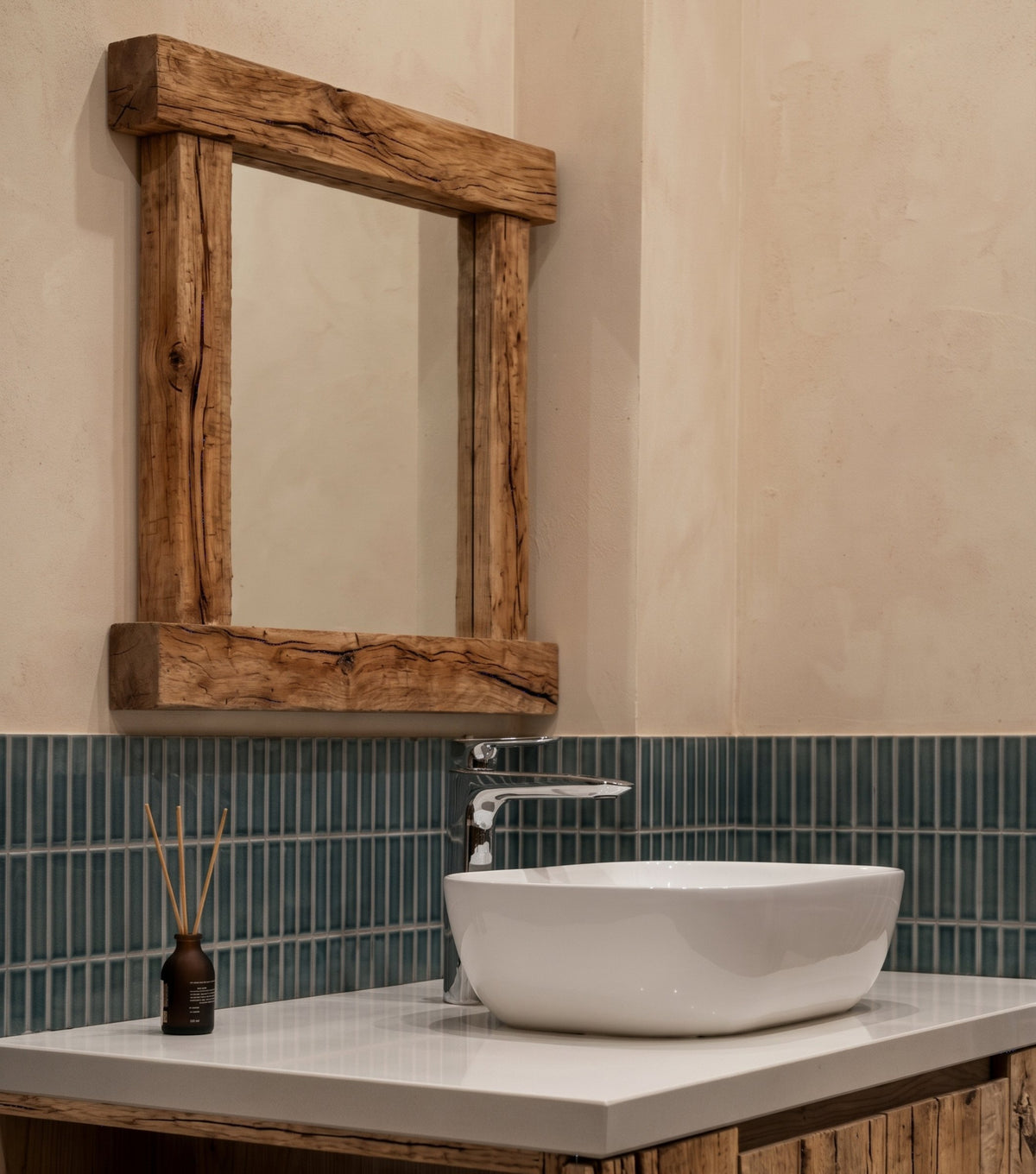 Nova Reclaimed Oak Mirror – above a vessel basin with green tiles