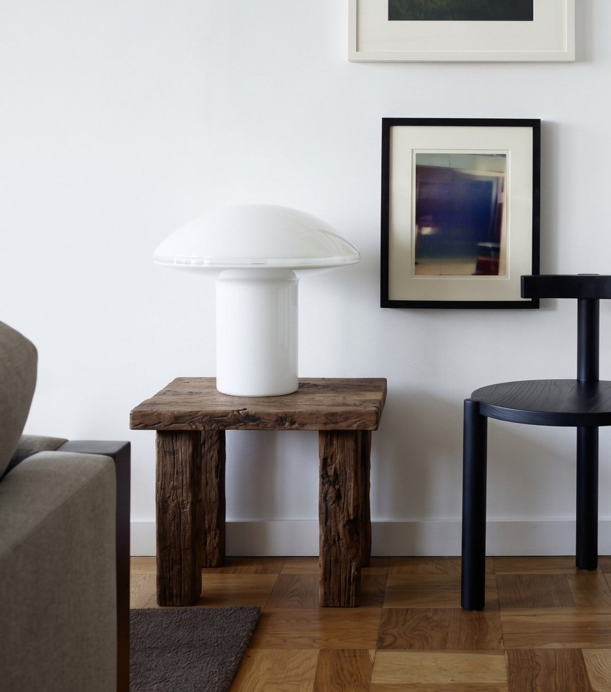 Ostia Reclaimed Oak Side Table – beside a grey sofa with a white mushroom lamp