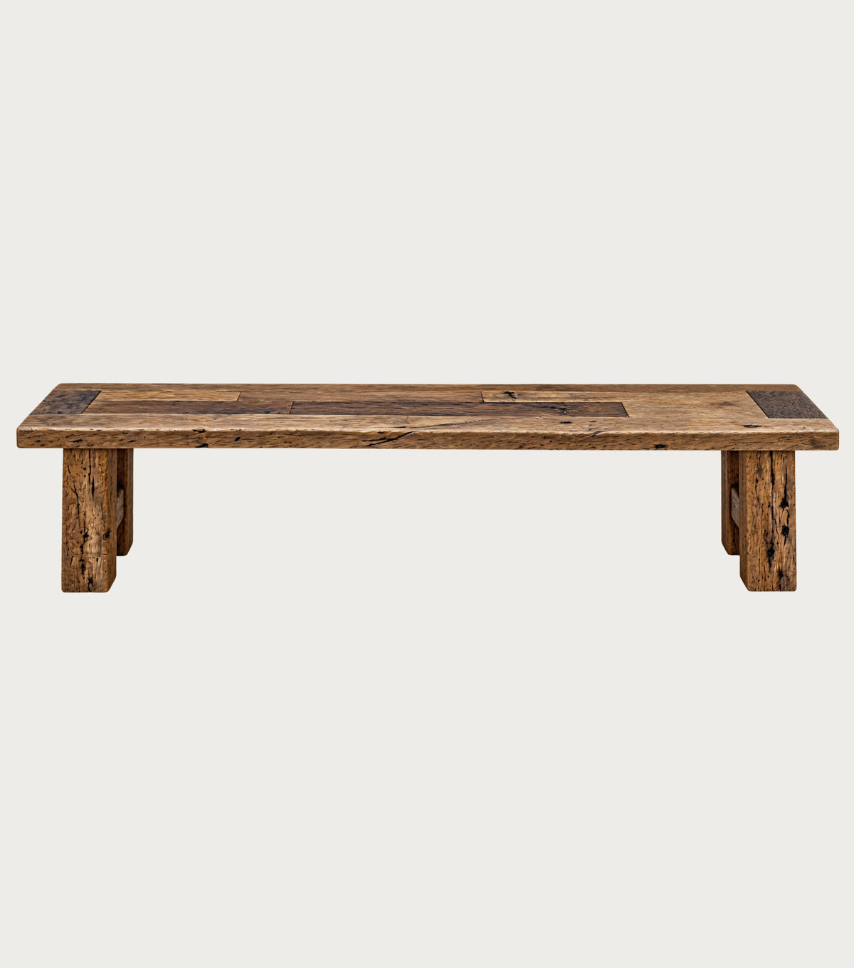 Plank Reclaimed Oak Bench – slightly elevated front view of the pieced top