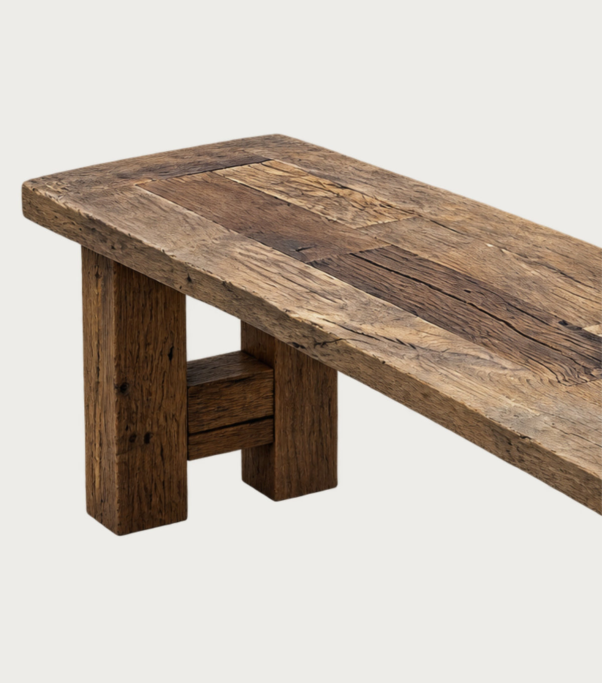 Plank Reclaimed Oak Bench – close-up of the seat end and grain