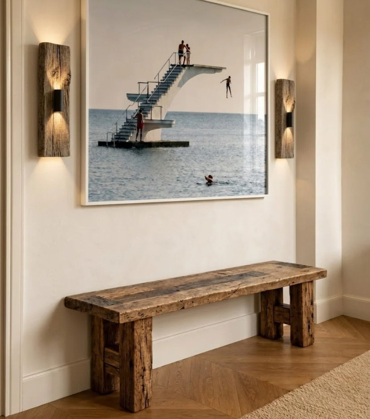 Plank Reclaimed Oak Bench – between wall lights beneath a framed photograph