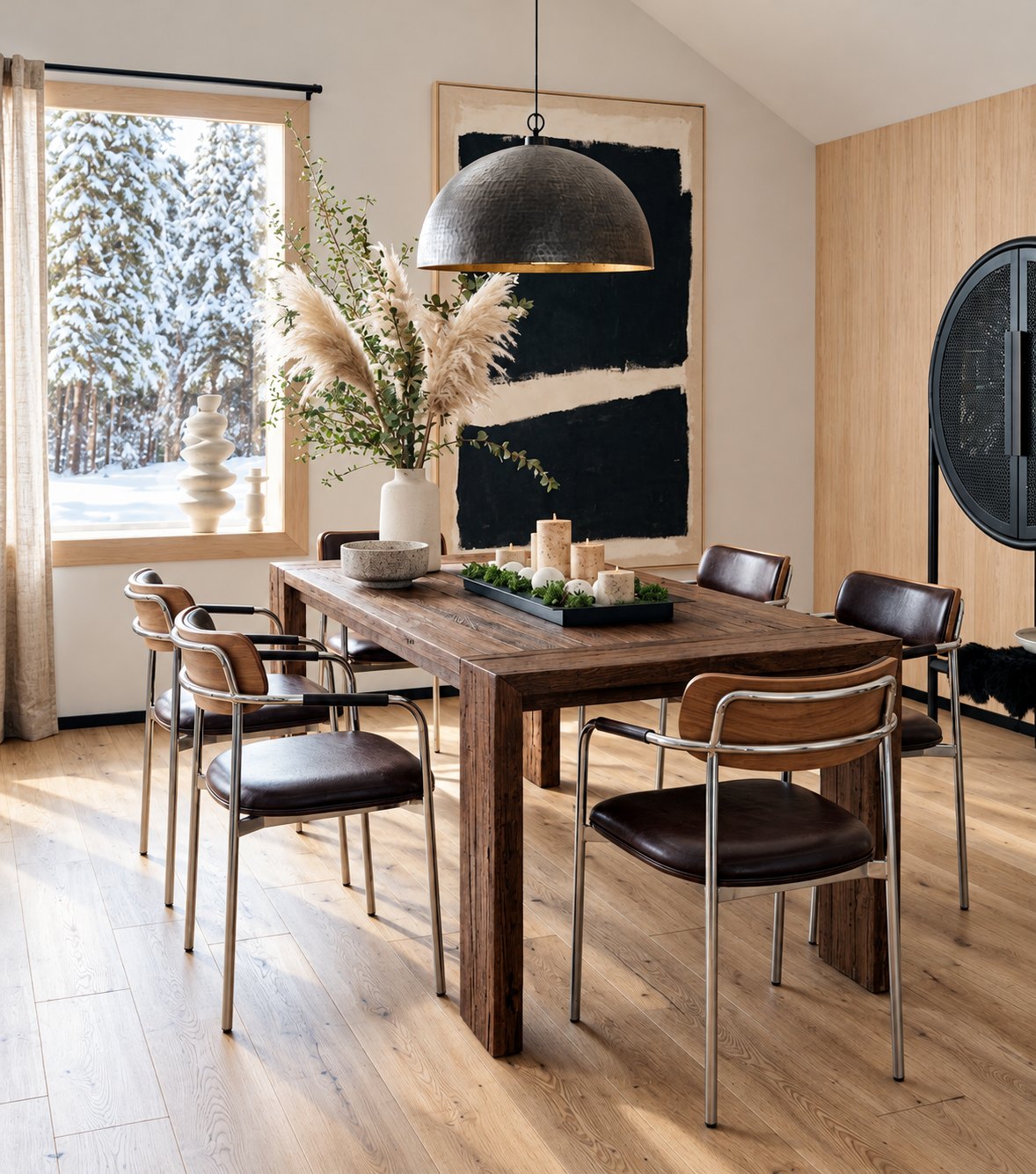 Sardis Reclaimed Oak Dining Table – with black leather chairs beneath a black pendant light