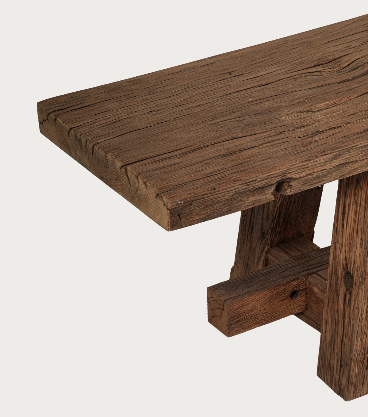 Sedra Reclaimed Oak Bench – angled detail of the seat and leg