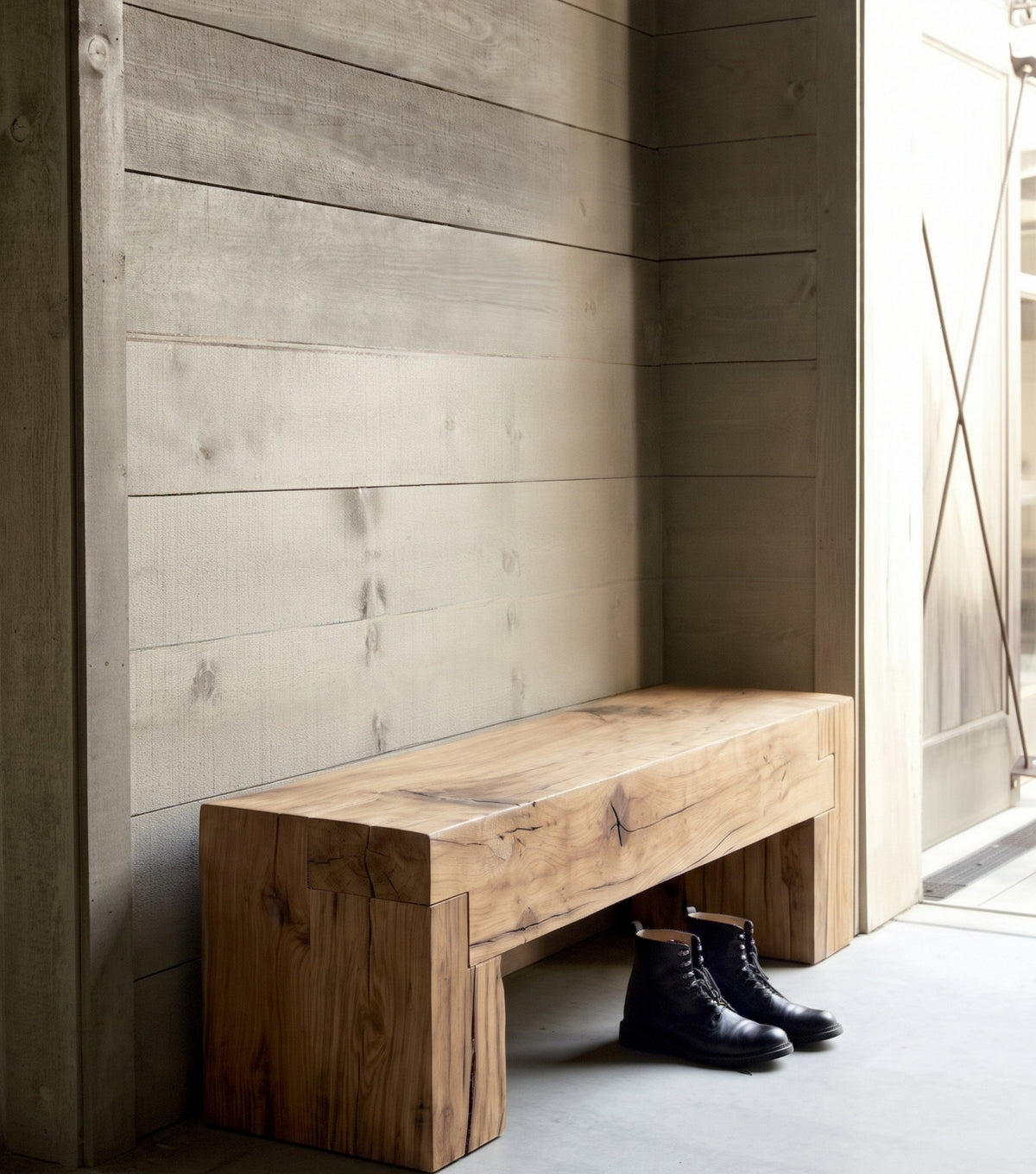 Sella Reclaimed Oak Bench – in an alcove with timber-clad walls