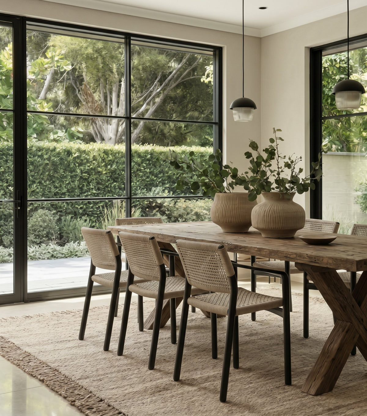 Traverse Reclaimed Oak Dining Table – in a dining room with tall garden windows
