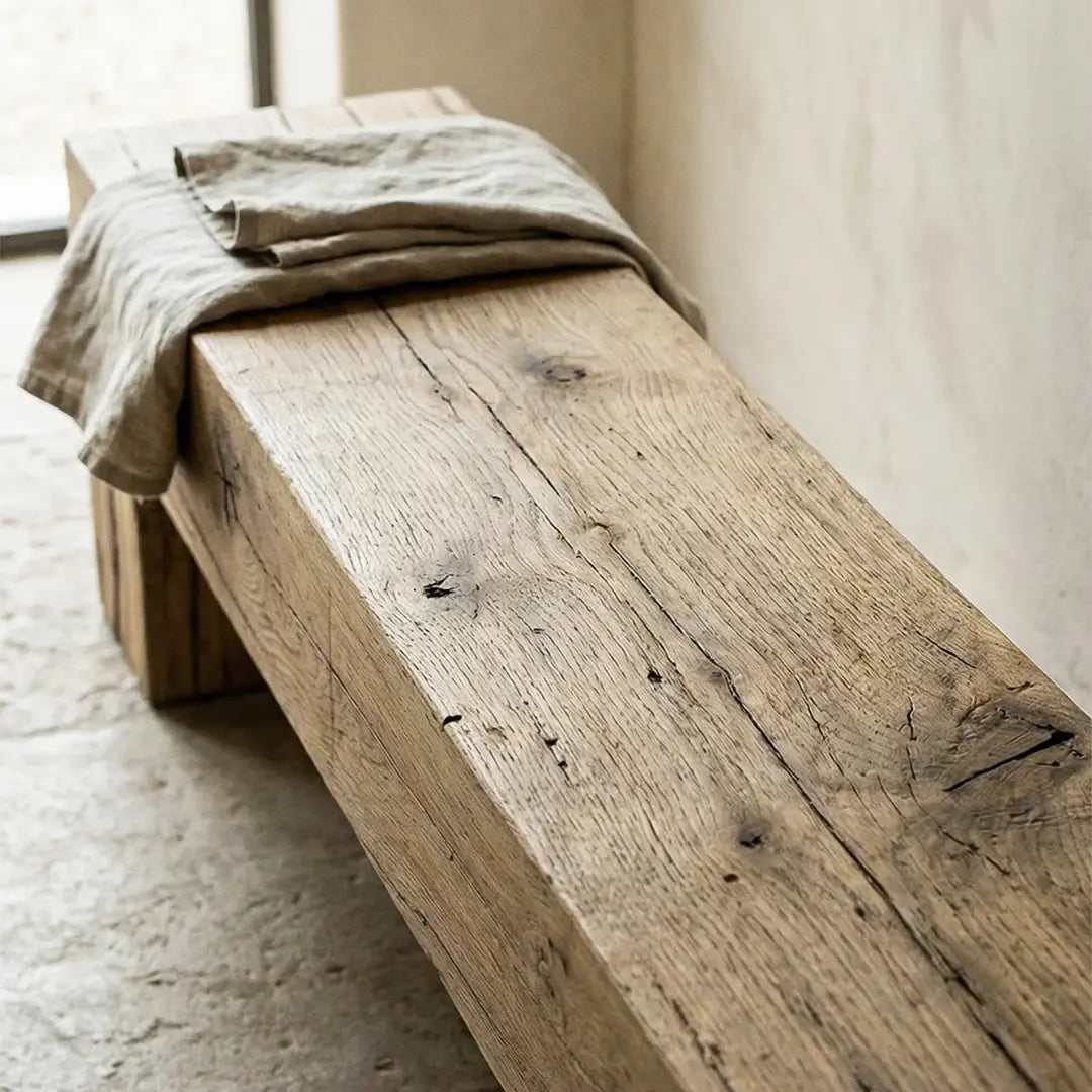 Reclaimed oak bench with its original weathered surface, showing the dense grain of true reclaimed hardwood
