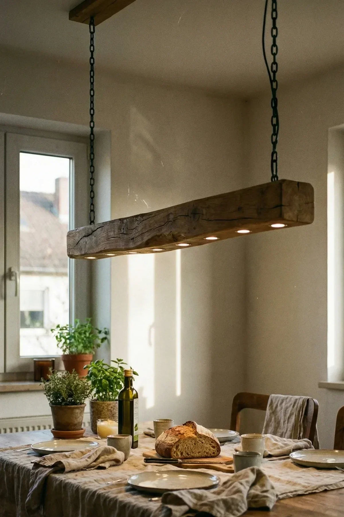 A wood chandelier is a ceiling light built around a solid beam of timber, rather than metal or glass arms.