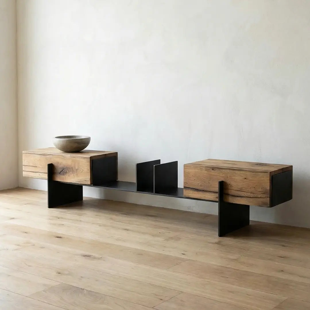 Reclaimed wood TV unit with chunky aged oak blocks and black metal frame in minimalist living room