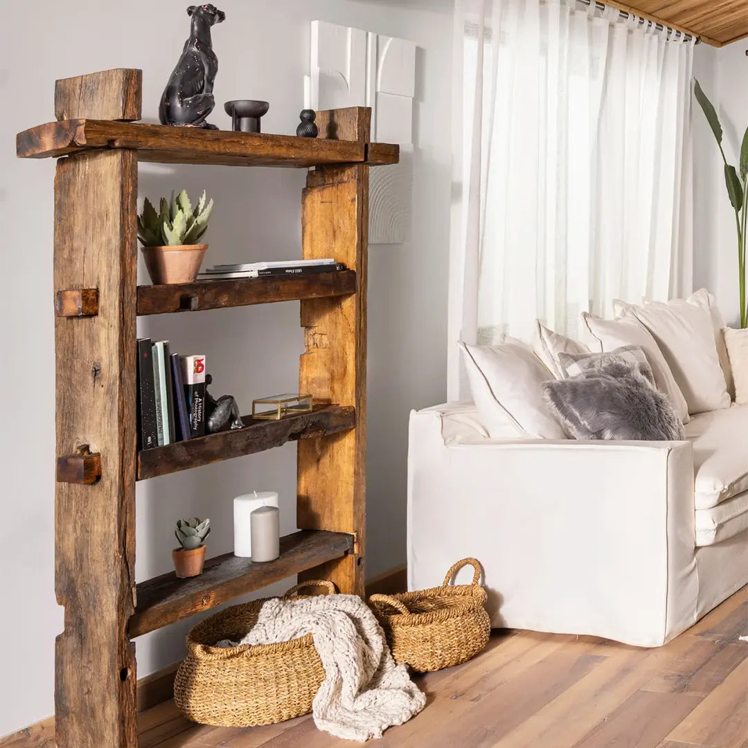 Reclaimed wood bookcase handcrafted from century-old Anatolian hardwood with original weathered surface