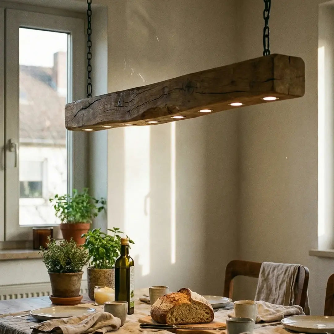 Reclaimed wood chandelier beam with recessed downlights suspended over dining table by black steel chains