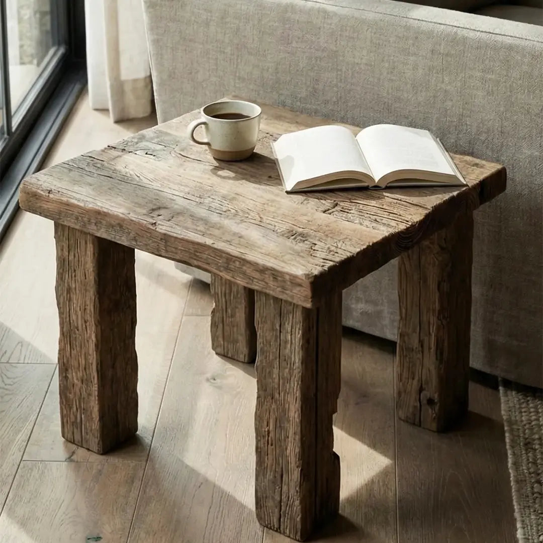 Reclaimed wood coffee table handcrafted from century-old Anatolian oak with natural patina