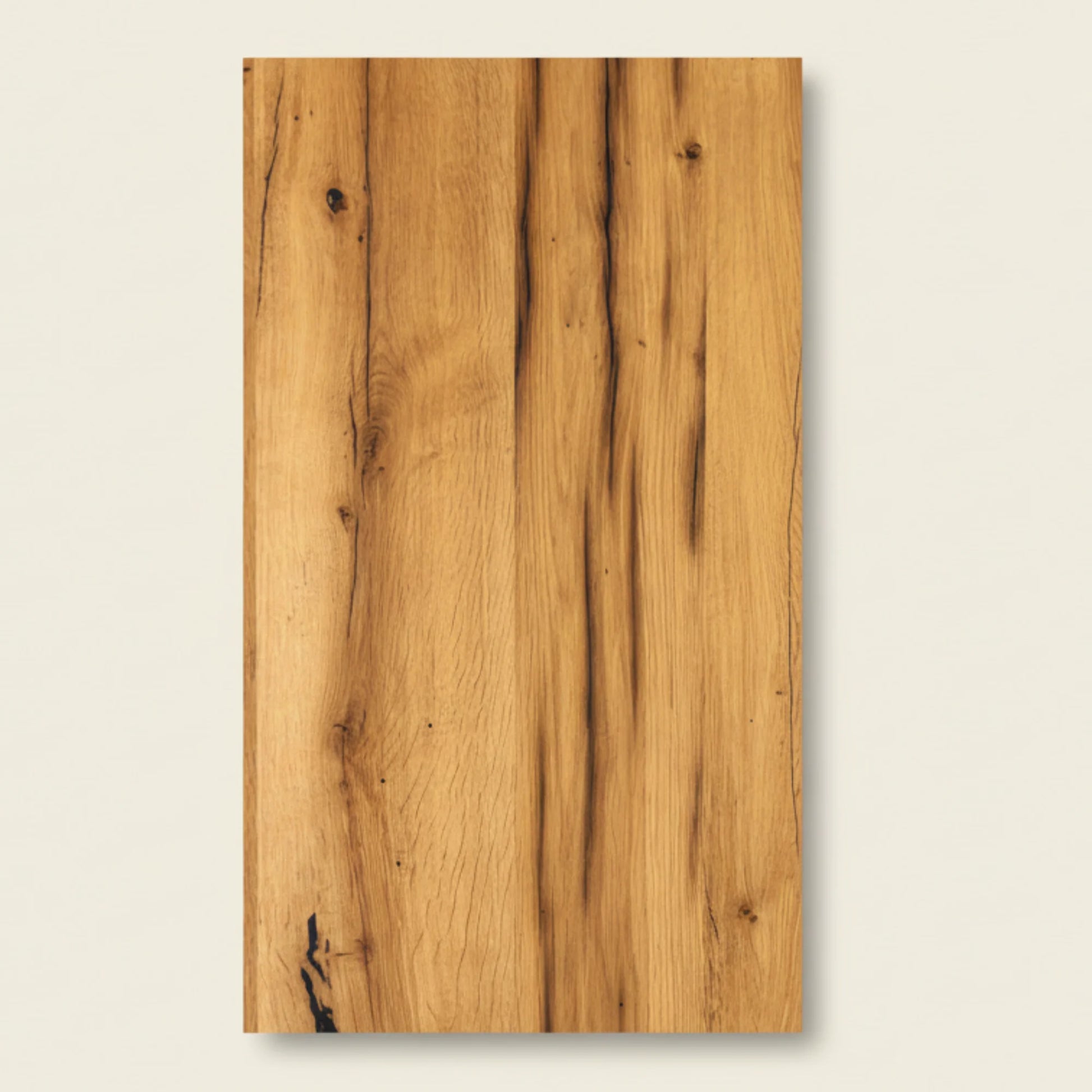 A reclaimed oak varnished panel gives you the character of aged timber with a hard, sealed surface.