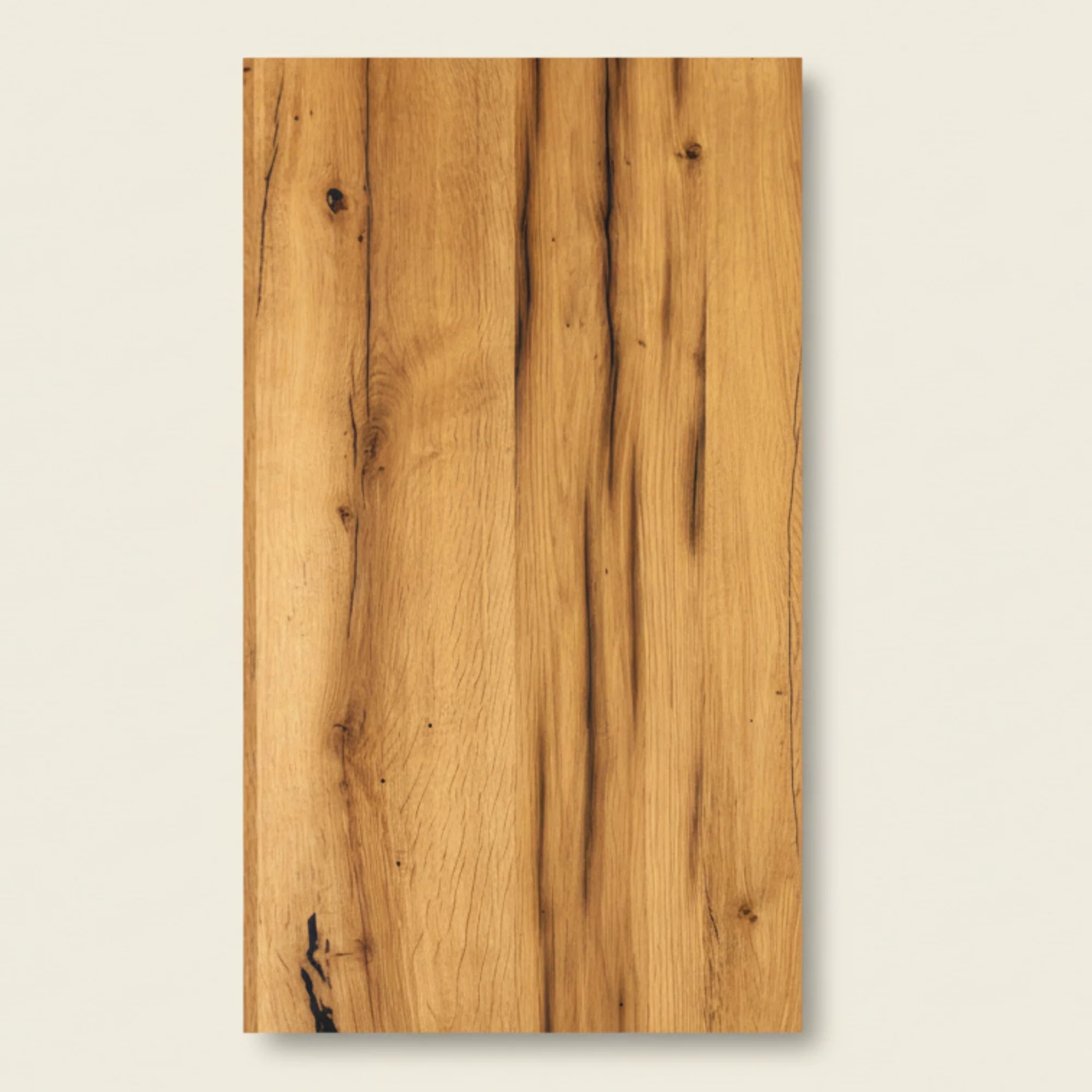 A reclaimed oak varnished panel gives you the character of aged timber with a hard, sealed surface.