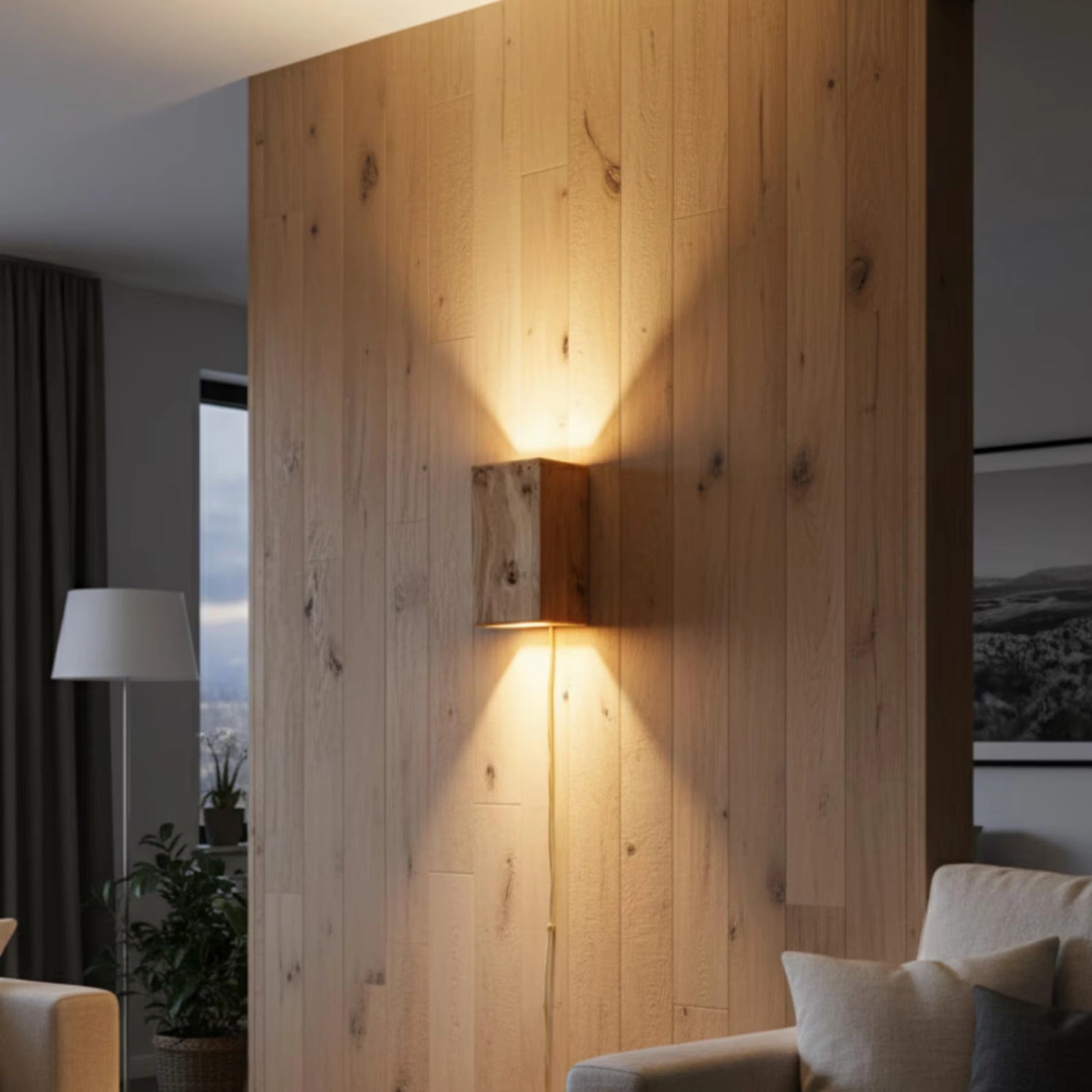 Reclaimed oak wall light with sanded finish