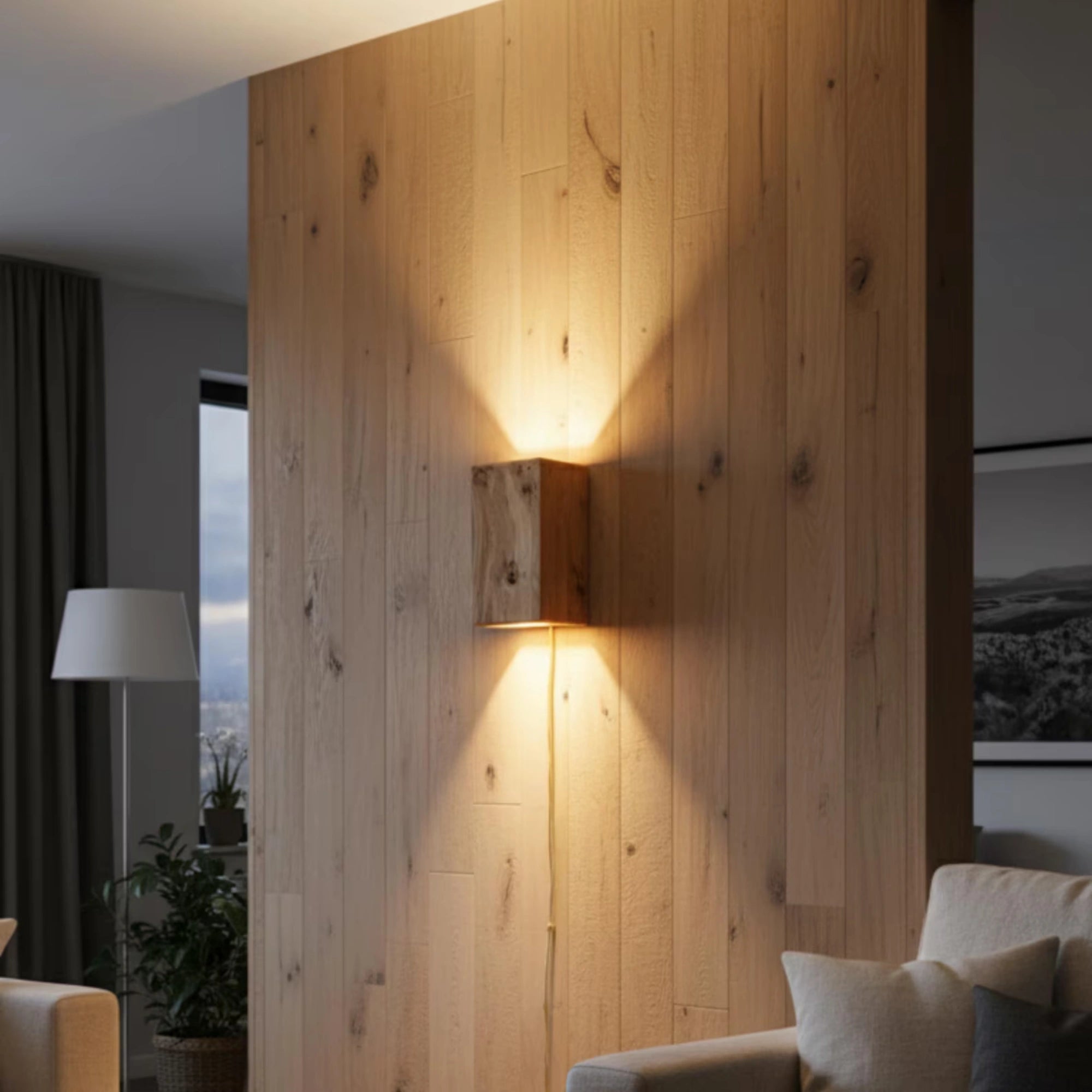Reclaimed oak wall light with sanded finish