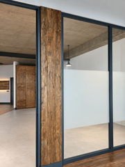 Reclaimed oak wall cladding, original surface – in an office with glass partitions