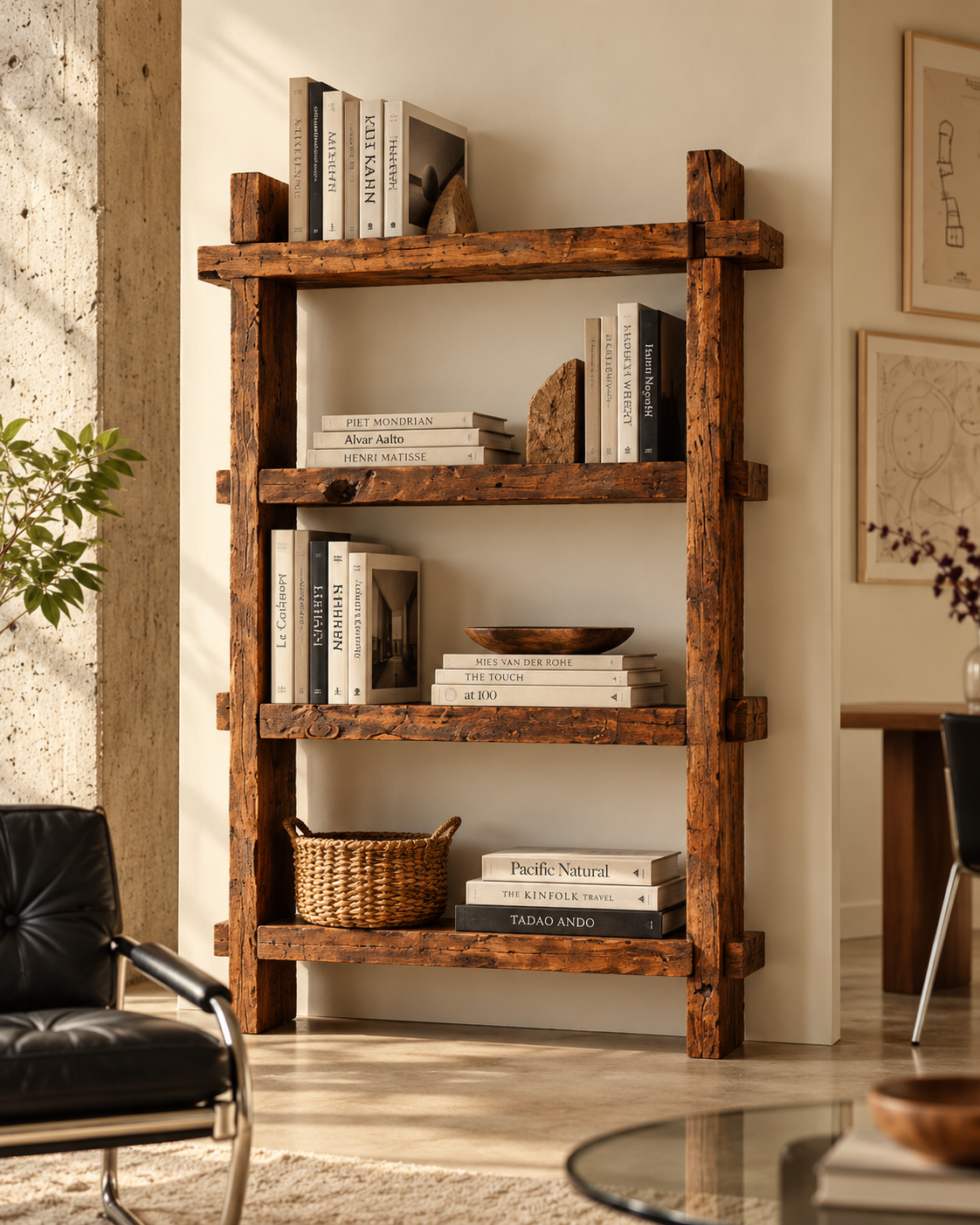 Solstice Reclaimed Oak Bookcase – in a living room with design books and a woven basket