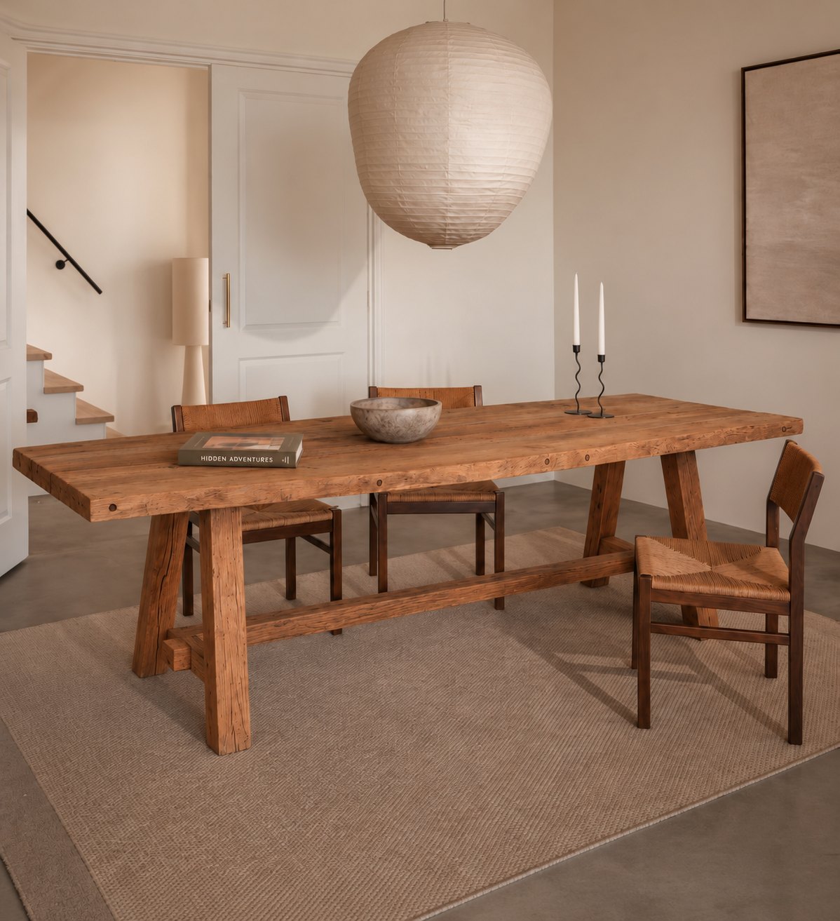 Agora Reclaimed Oak Dining Table – in a dining room with a paper pendant