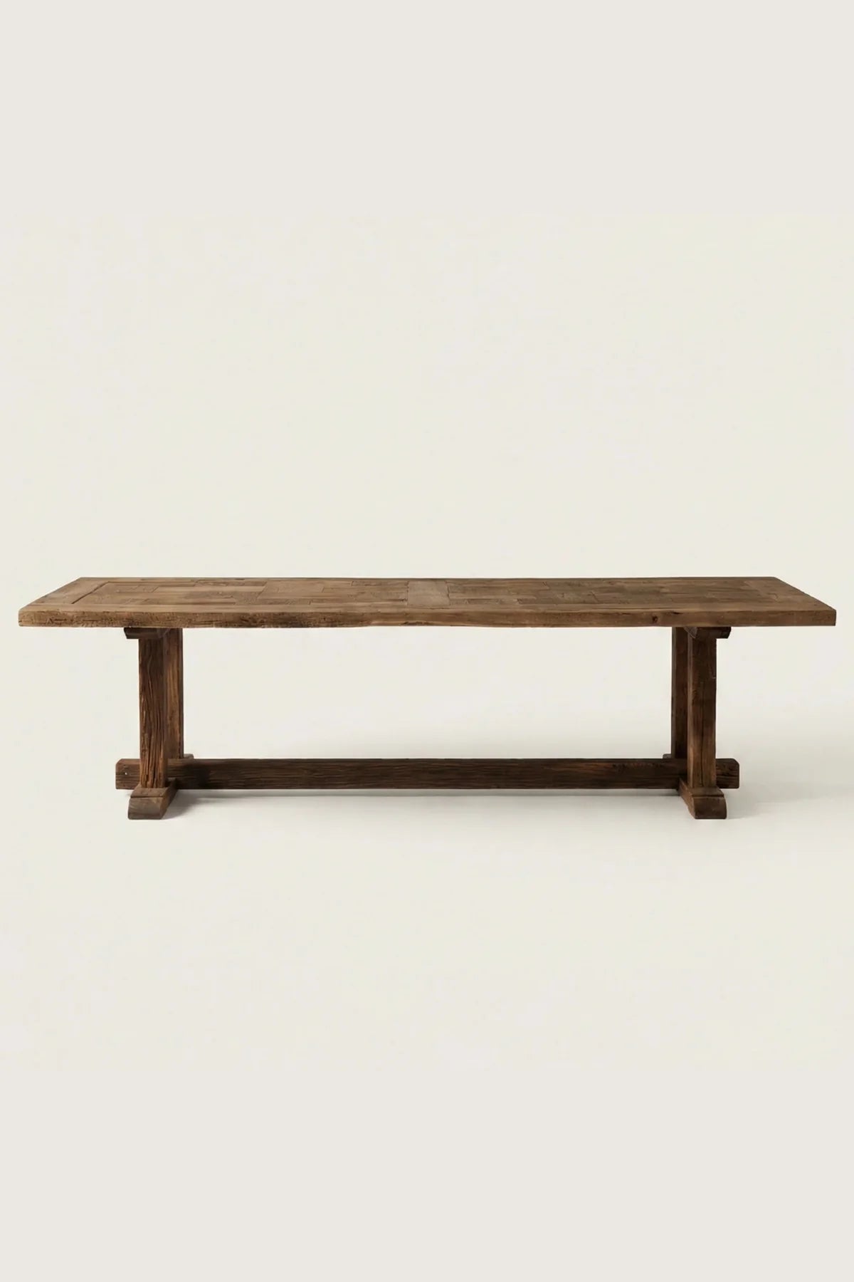 Top-down view of the Archaia reclaimed oak dining table showing surface plank construction