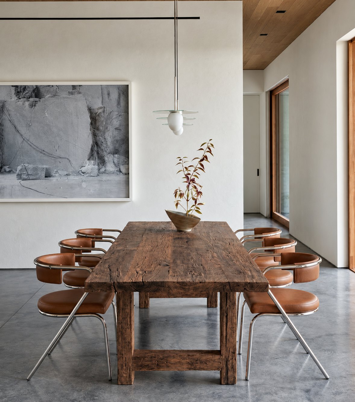 Argolis Reclaimed Oak Dining Table – with leather chairs in a minimalist interior