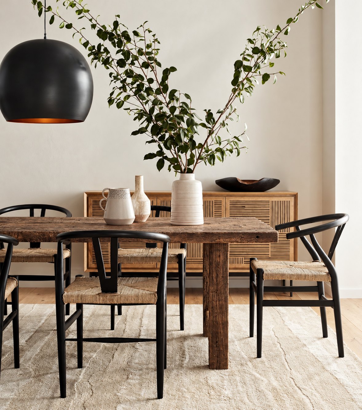 Argolis Reclaimed Oak Dining Table – with wishbone chairs and a black pendant