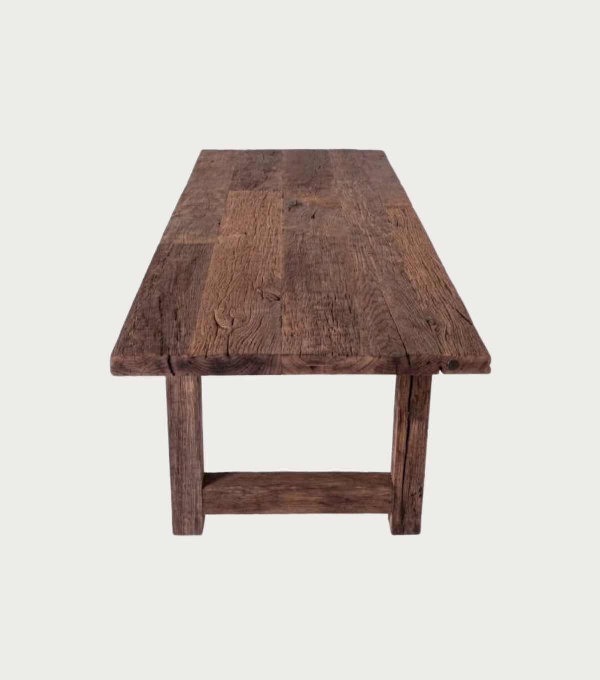 Argolis Reclaimed Oak Dining Table – end view showing the trestle legs