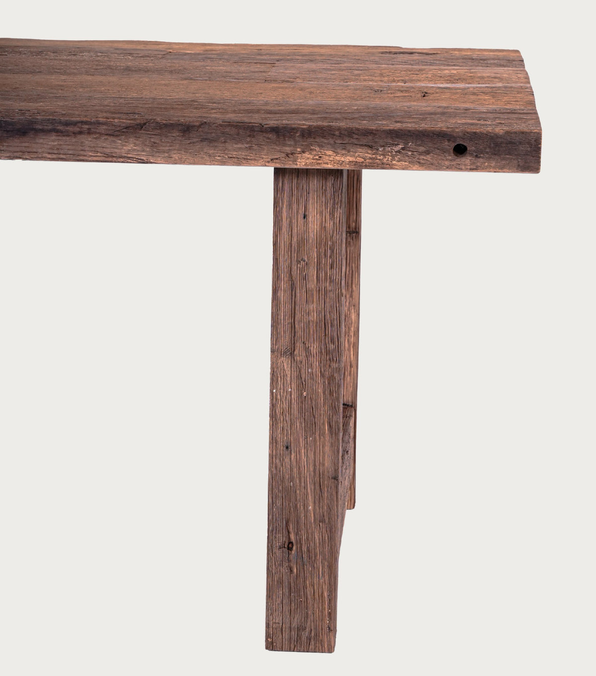 Argolis Reclaimed Oak Dining Table – side detail of the leg and top edge