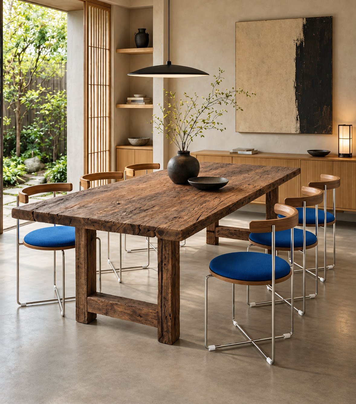 Argolis Reclaimed Oak Dining Table – with blue upholstered stools in a modern dining room