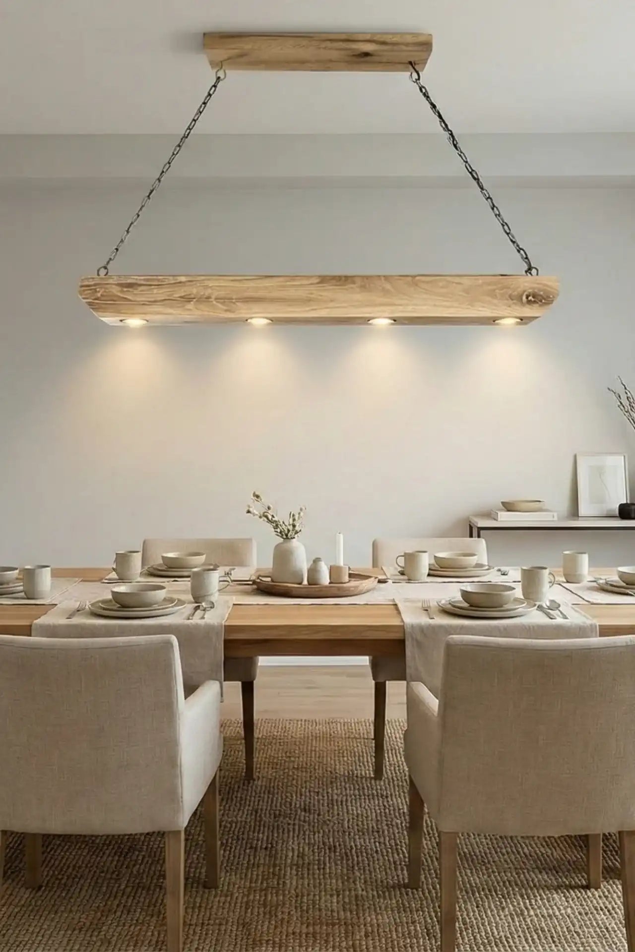 Reclaimed wood beam chandelier original finish showing GU10 warm light fittings