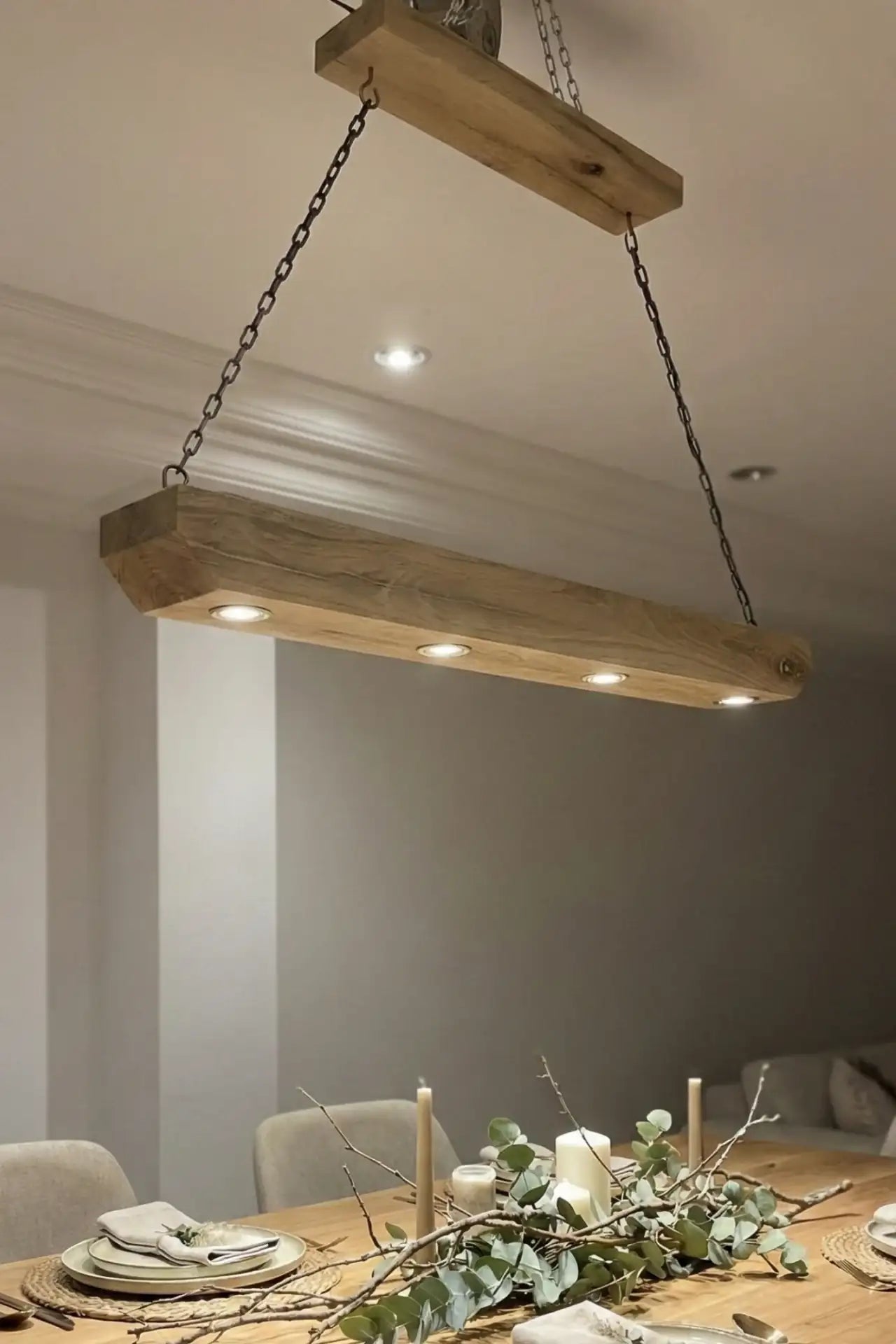 Reclaimed wood beam chandelier sanded finish angled view with recessed GU10 lights