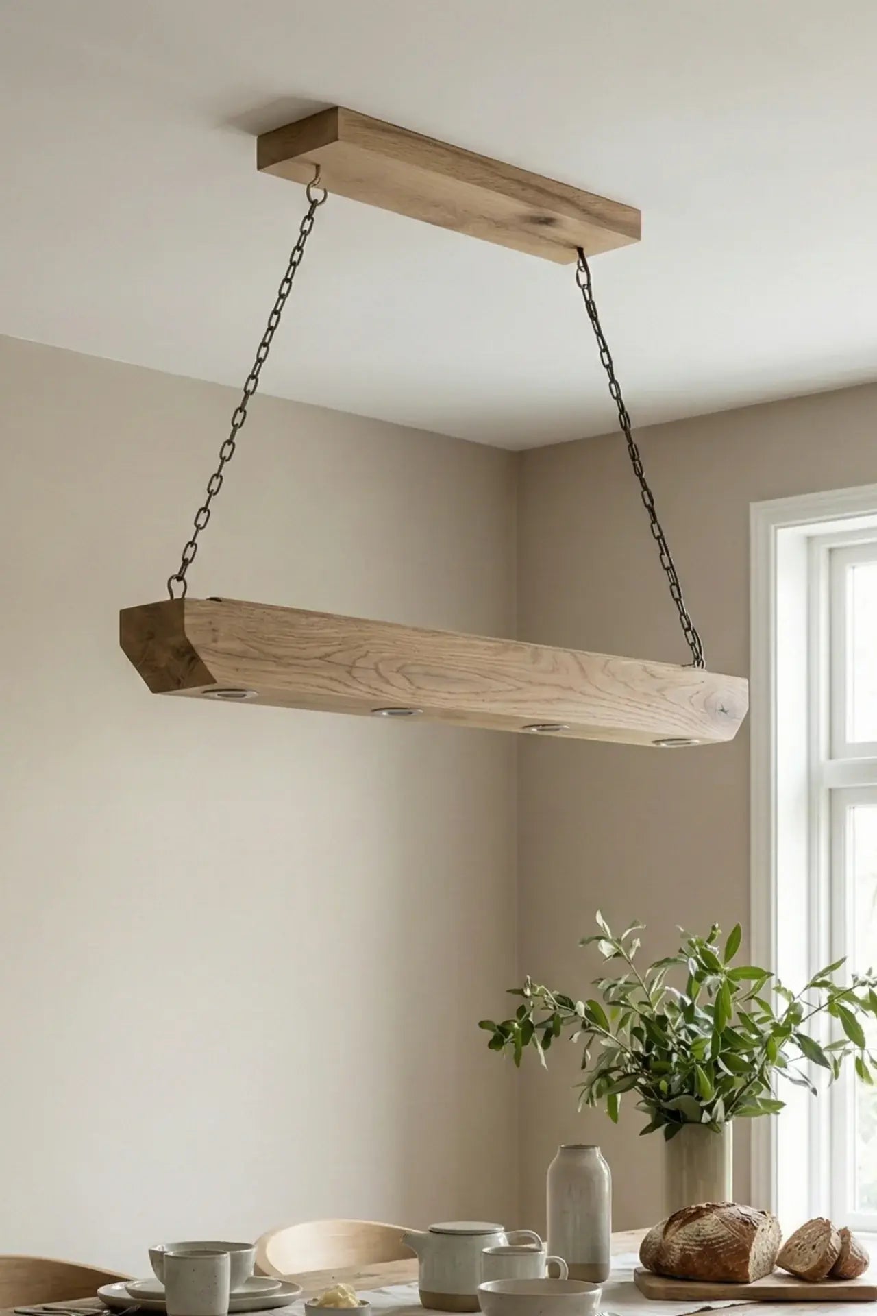 Reclaimed wood beam chandelier sanded finish above dining table with warm lighting