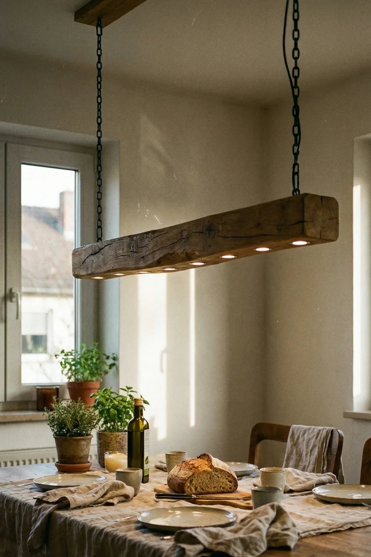 Beam pendant light original oak — three-quarter angle view showing GU10 fittings along weathered beam underside