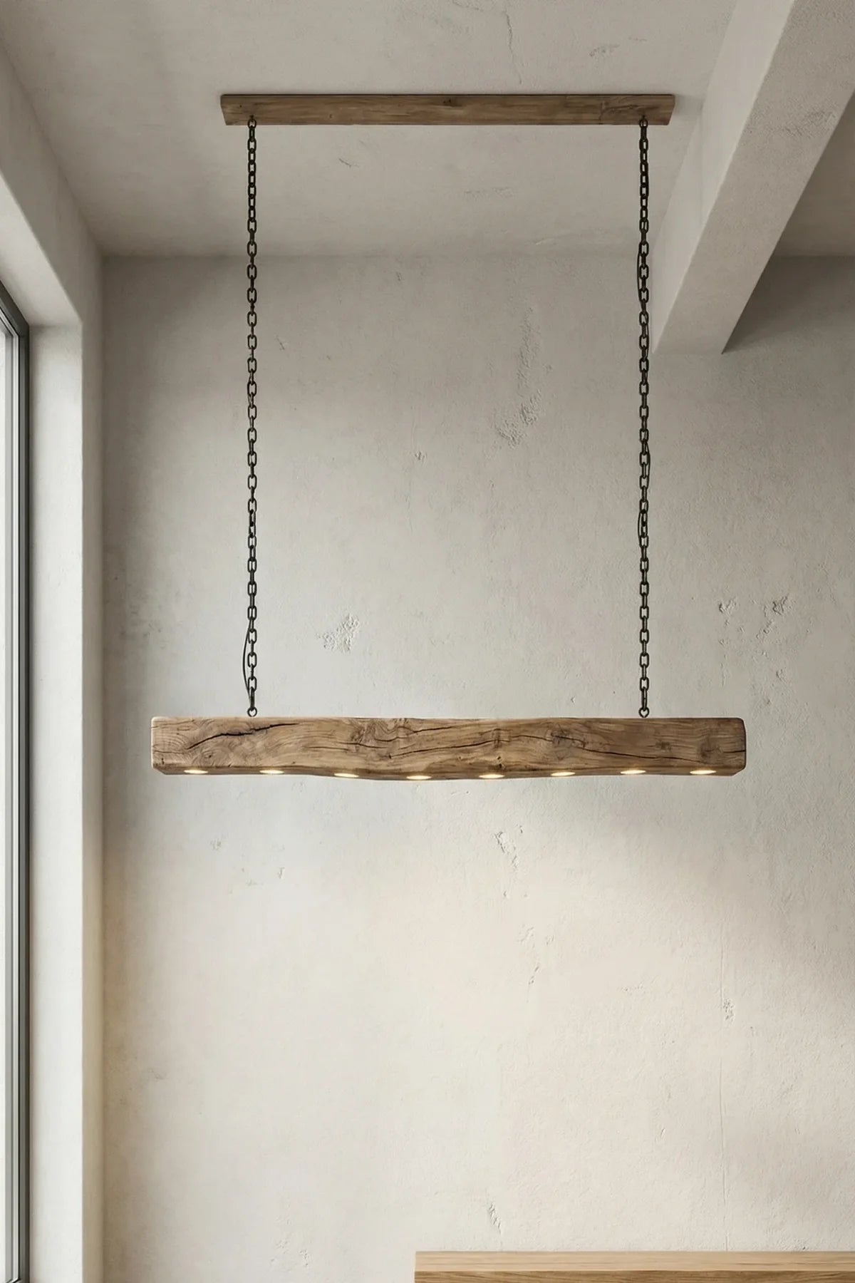 End grain detail of the reclaimed oak beam pendant light showing beam depth and timber character