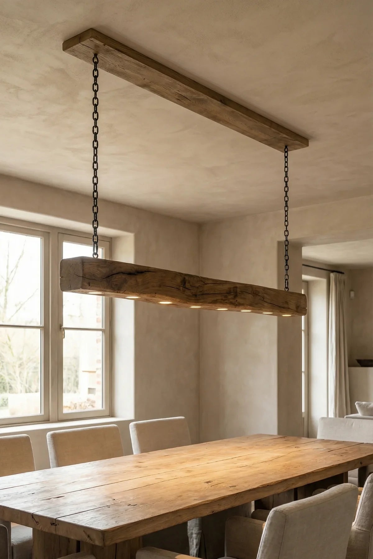 GU10 pendant fitting mounted on the underside of the weathered reclaimed oak beam