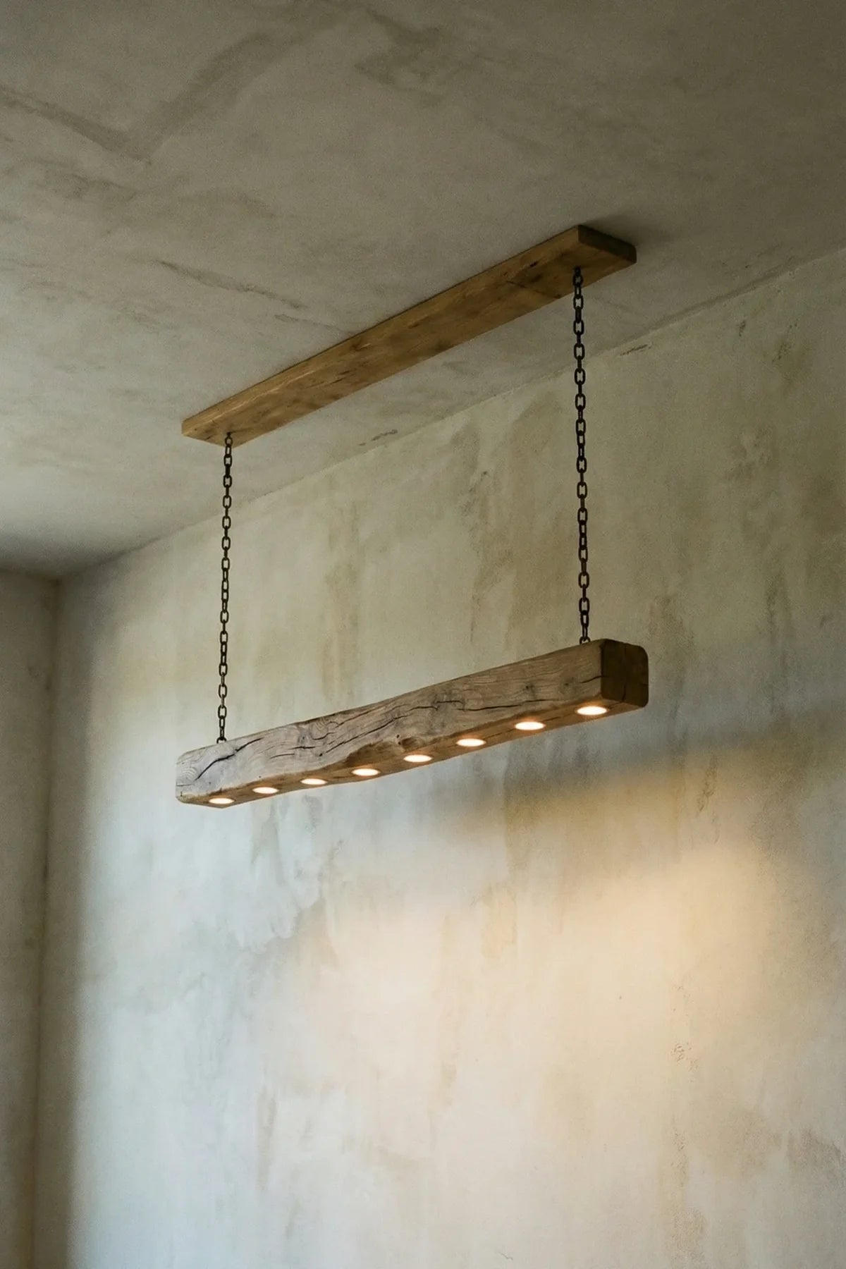 Reclaimed oak beam pendant light switched on — warm white GU10 light over a dining table