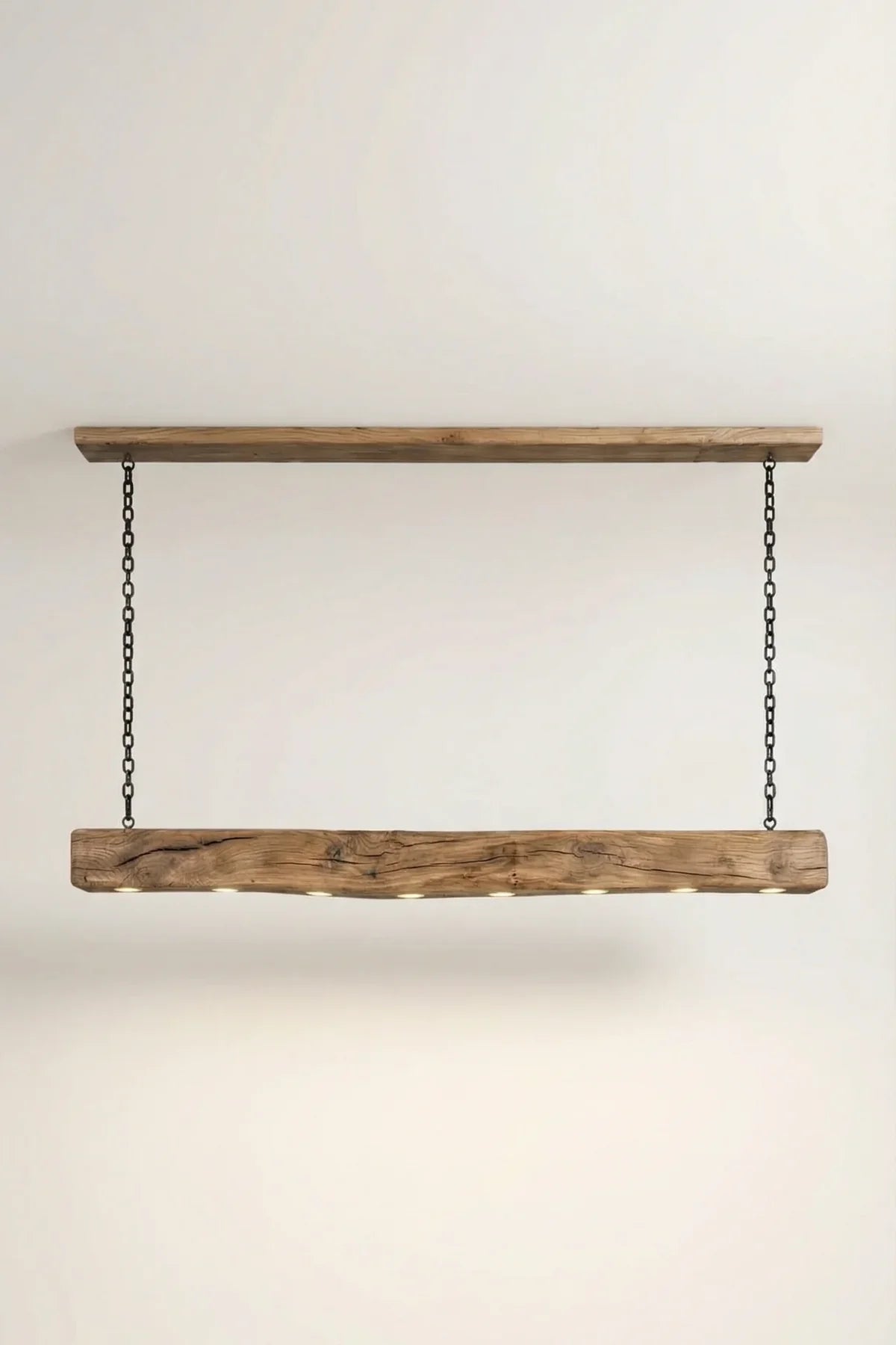 Reclaimed oak beam pendant light — original surface — installed in a dining room interior