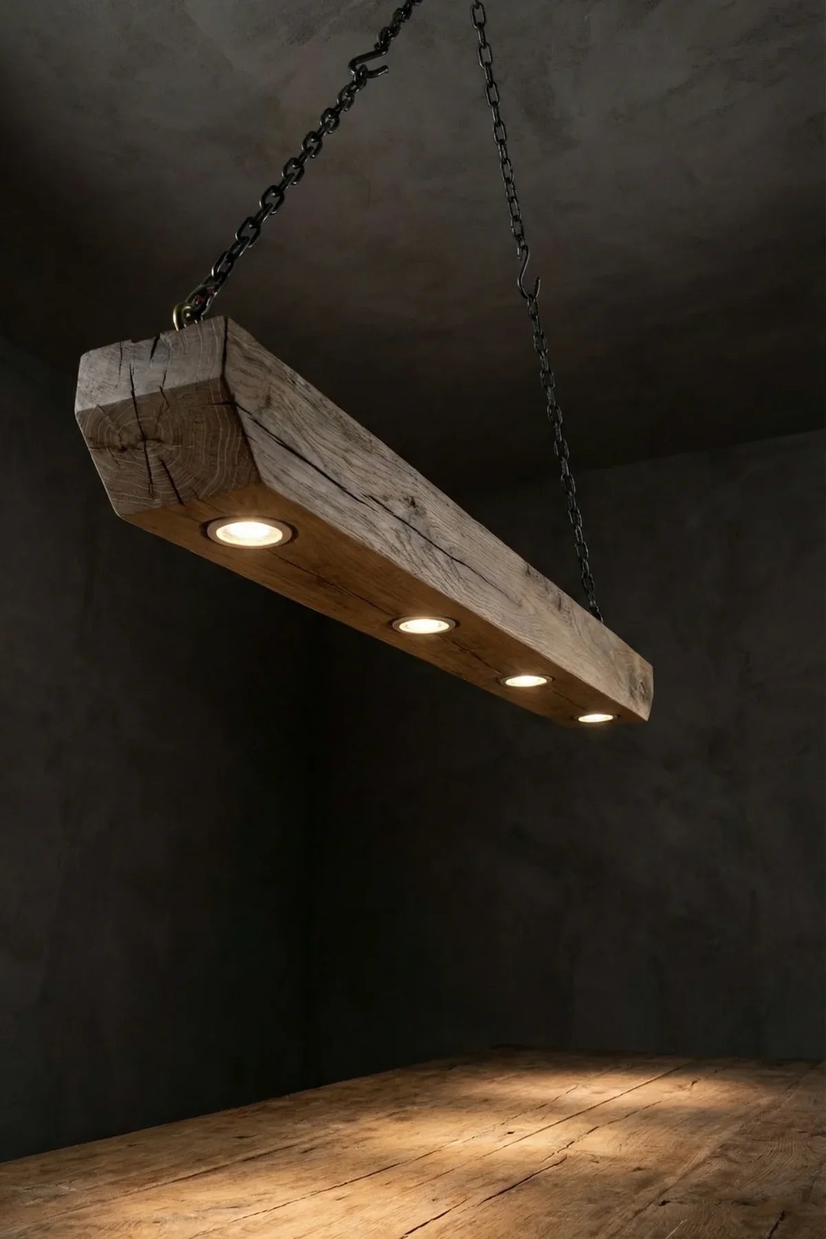 GU10 pendant fitting detail mounted on the underside of the reclaimed oak beam