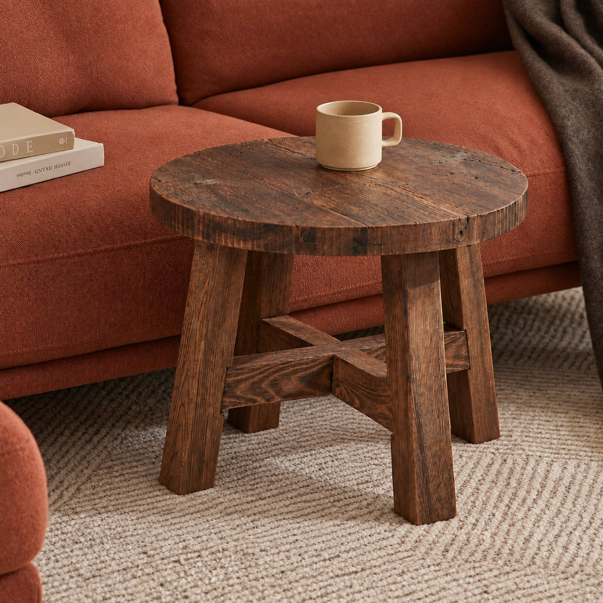 Dekelia Reclaimed Oak Coffee Table – beside an orange sofa