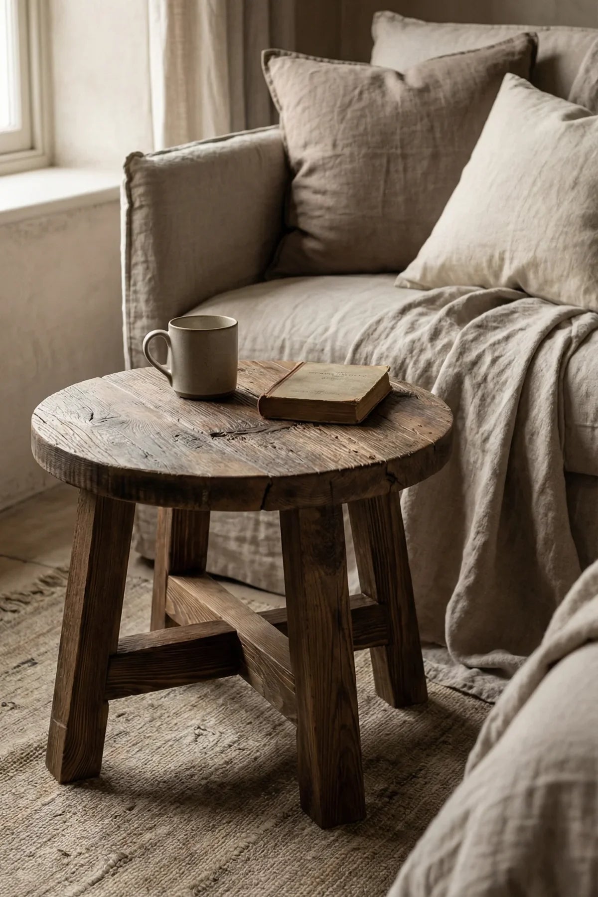 Dekelia reclaimed oak side table styled beside a sofa in a living room interior