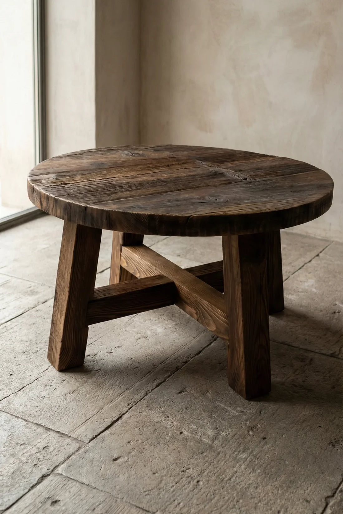 Close-up of Dekelia circular tabletop surface showing lightly brushed reclaimed oak grain and natural knots