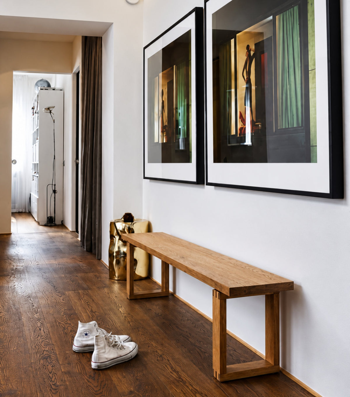 Doque Reclaimed Oak Bench – in a hallway with framed photographs