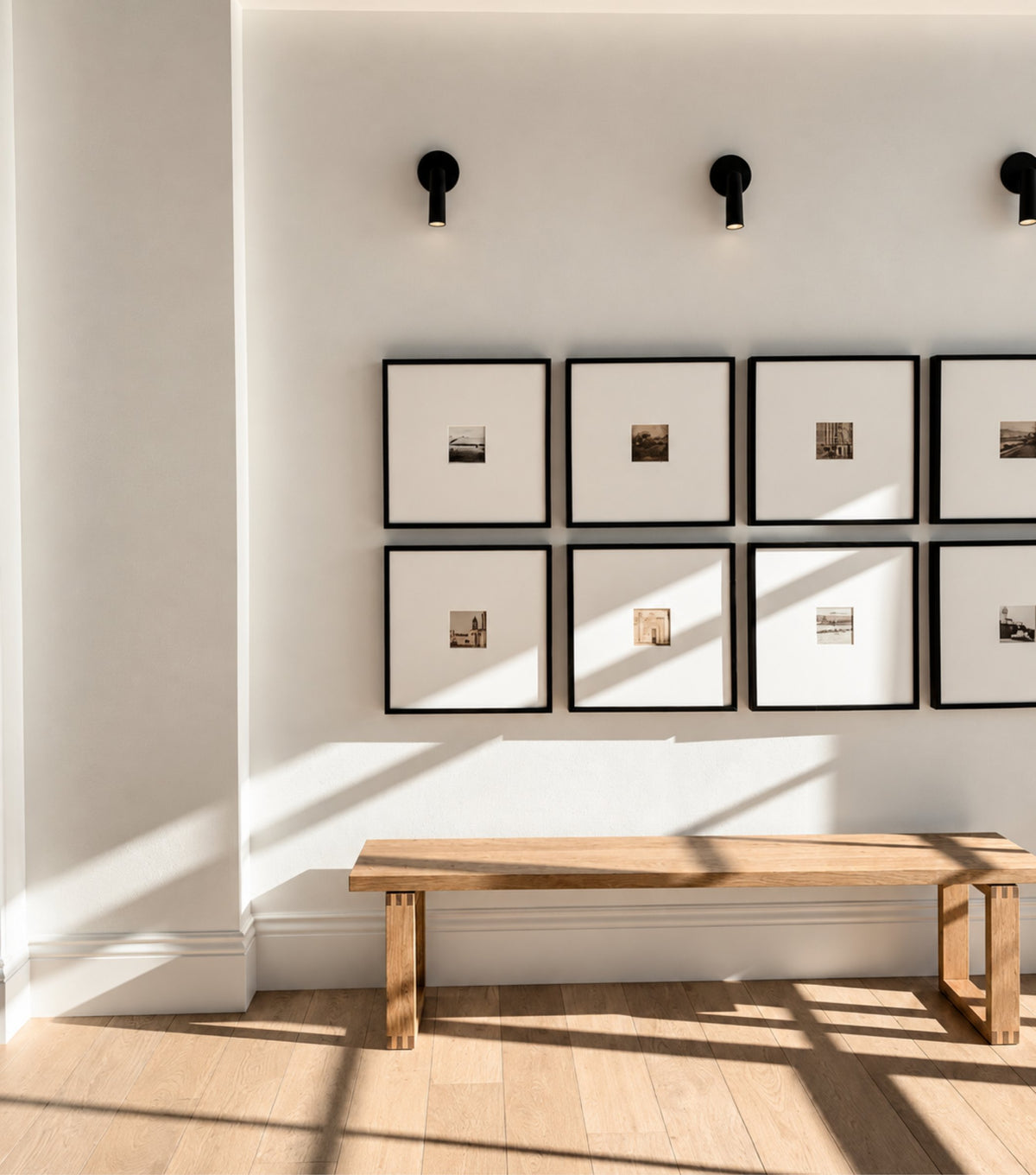 Doque Reclaimed Oak Bench – beneath a grid of framed prints in sunlight