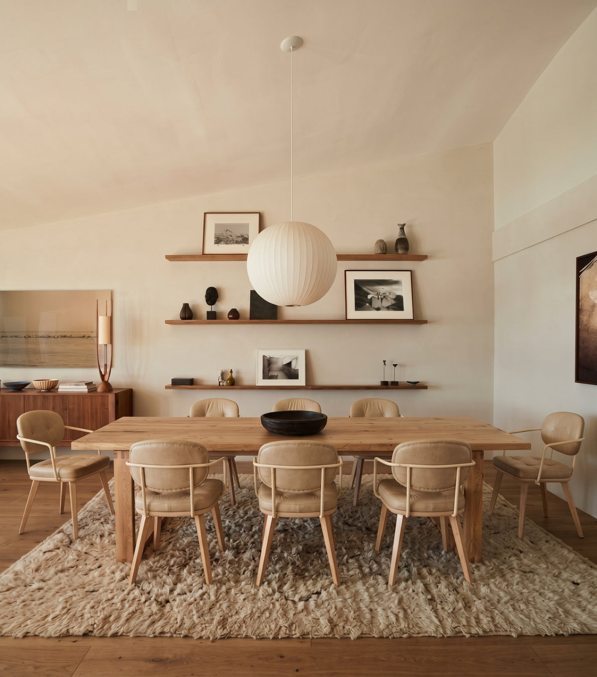 Doque Reclaimed Oak Dining Table – with cane chairs beneath a paper pendant
