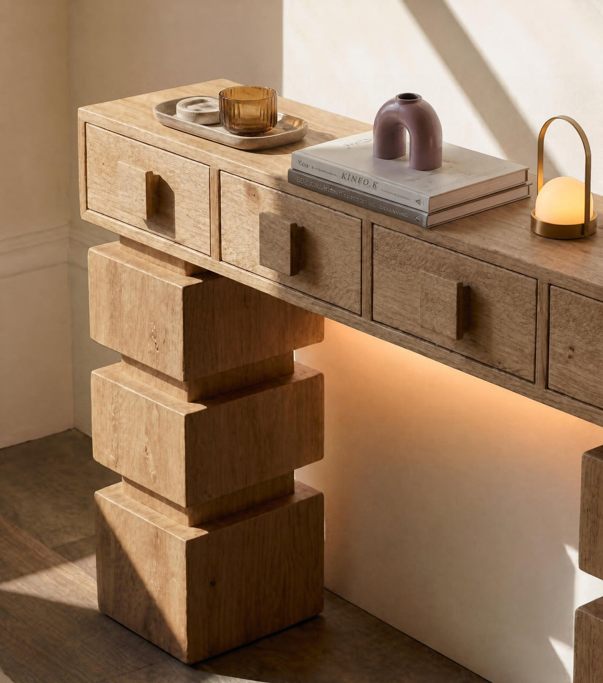 Gradus Reclaimed Oak Console Table – close-up of the stacked legs and drawers in warm light