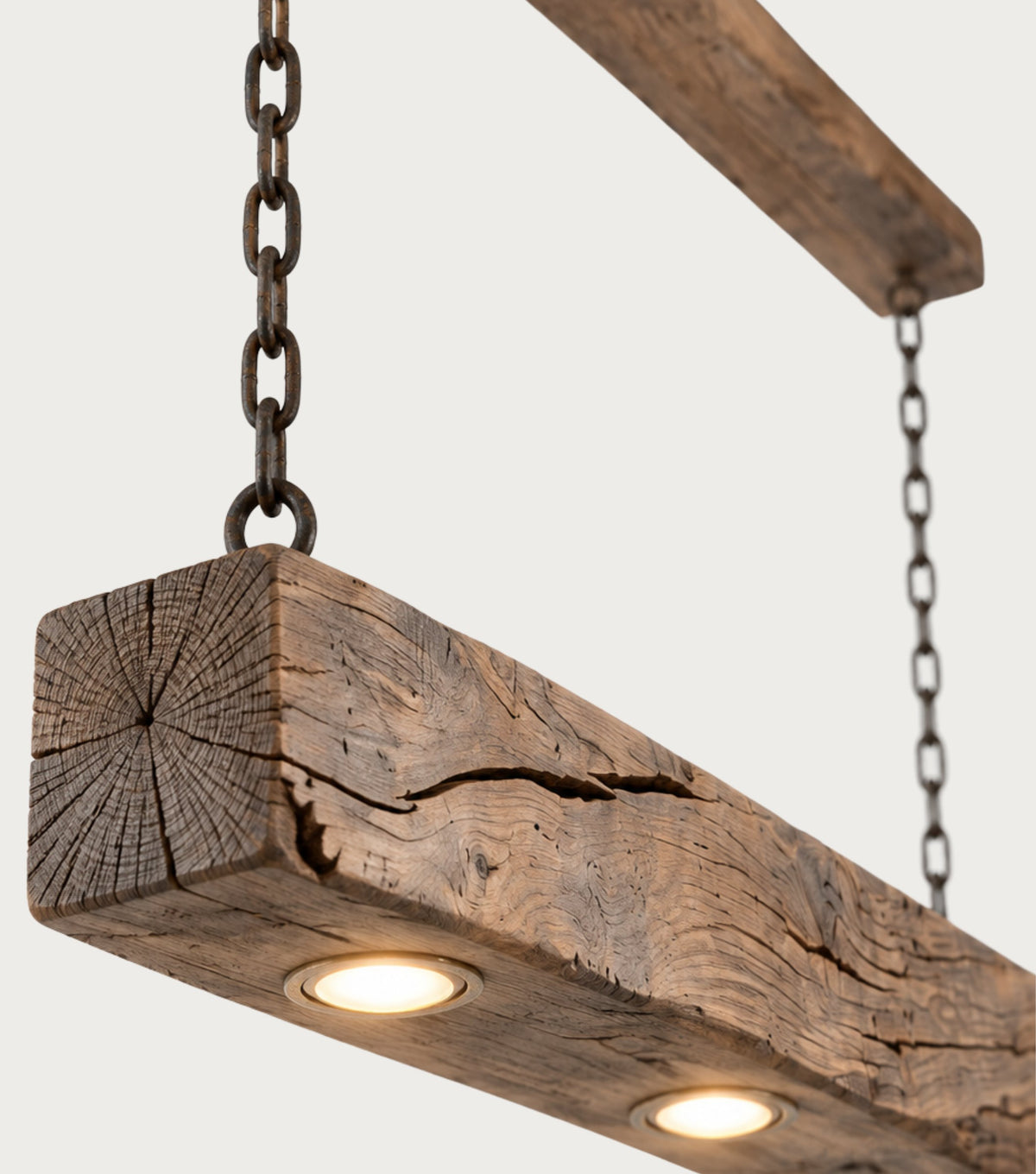 Lumen Reclaimed Chestnut Beam Pendant Light – close-up of the beam end and spotlights